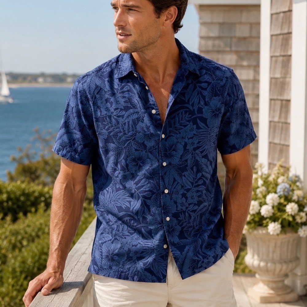 Polo Ralph Lauren Shirt Mens M Blue Hibiscus Floral Hawaiian Slim Short Sleeve